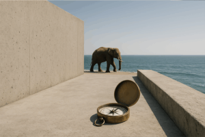 Das Bild zeigt einen Kompass und in der Ferne einen Elefanten